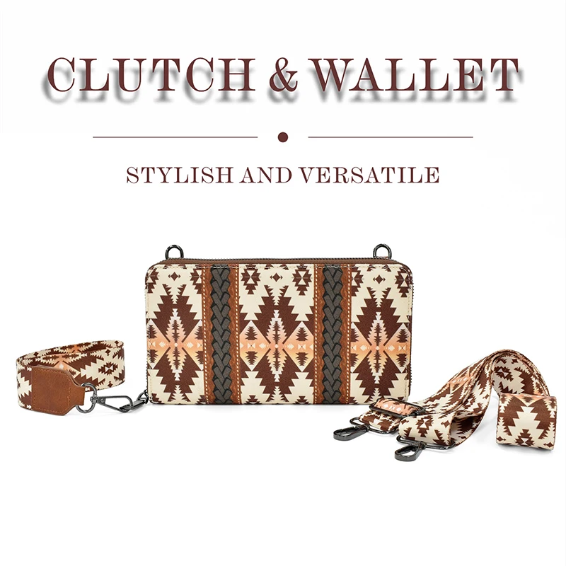 Western Aztec Clutch Wristlet Wallet Trendy Southwest Design Zipper Closure Purse Leather Waterproof Cash Holder Envelope Purse