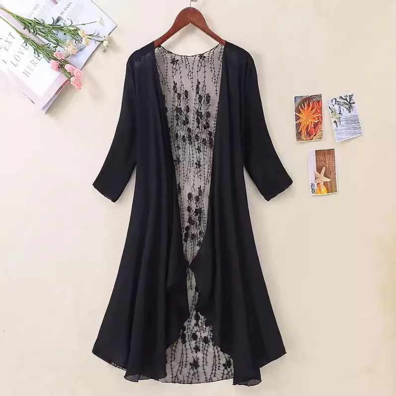 Long Cardigan Beach Cover Up Summer Blouses For Women 2024 Woman V Neck Shirt Top Lace Blusas Femininas Elegant Sunproof Outwear