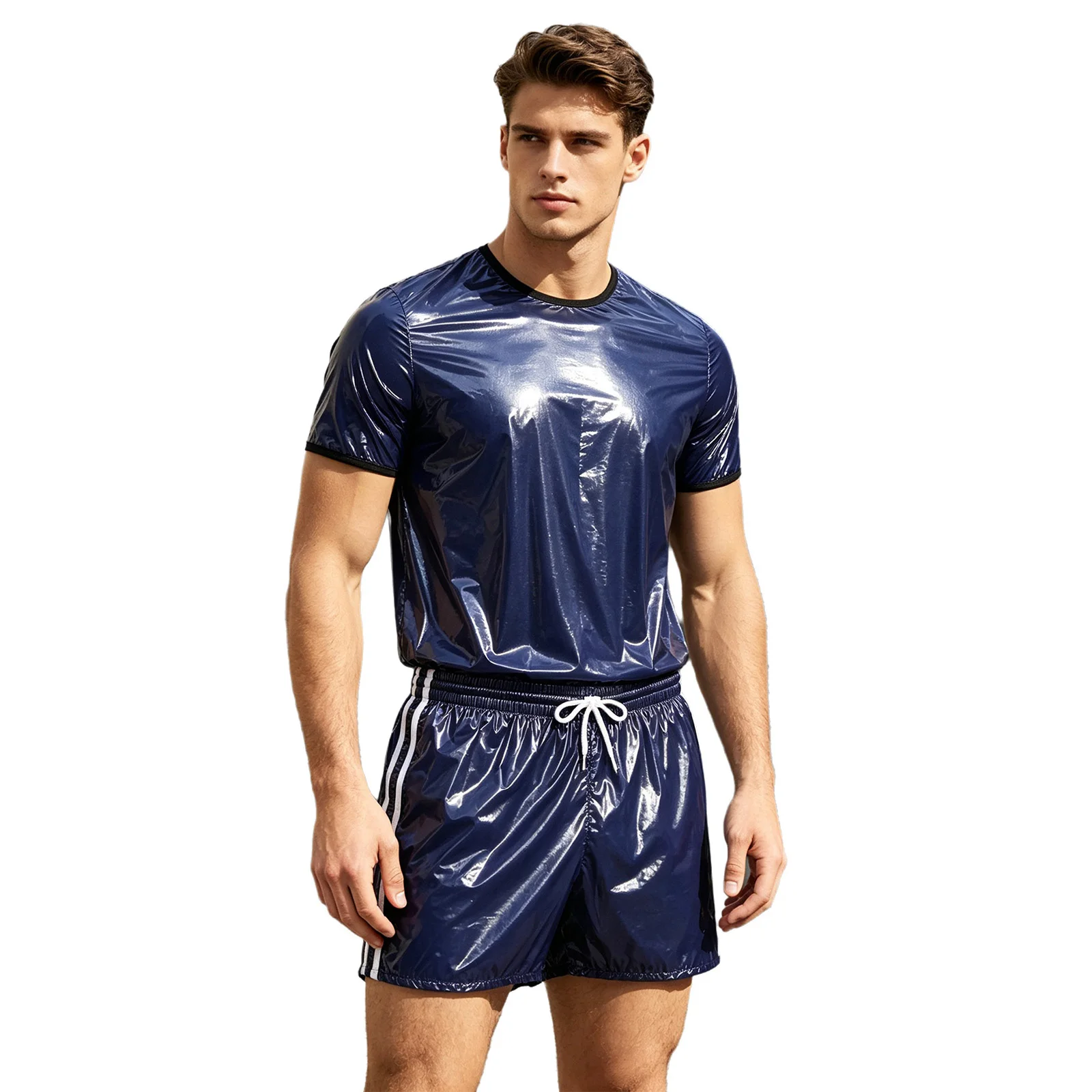 Men Summer Waterproof Outfit Short Sleeve T-shirt Top with Shorts Built-in Briefs for Beach Pool Swim Club Party Sports Cycling