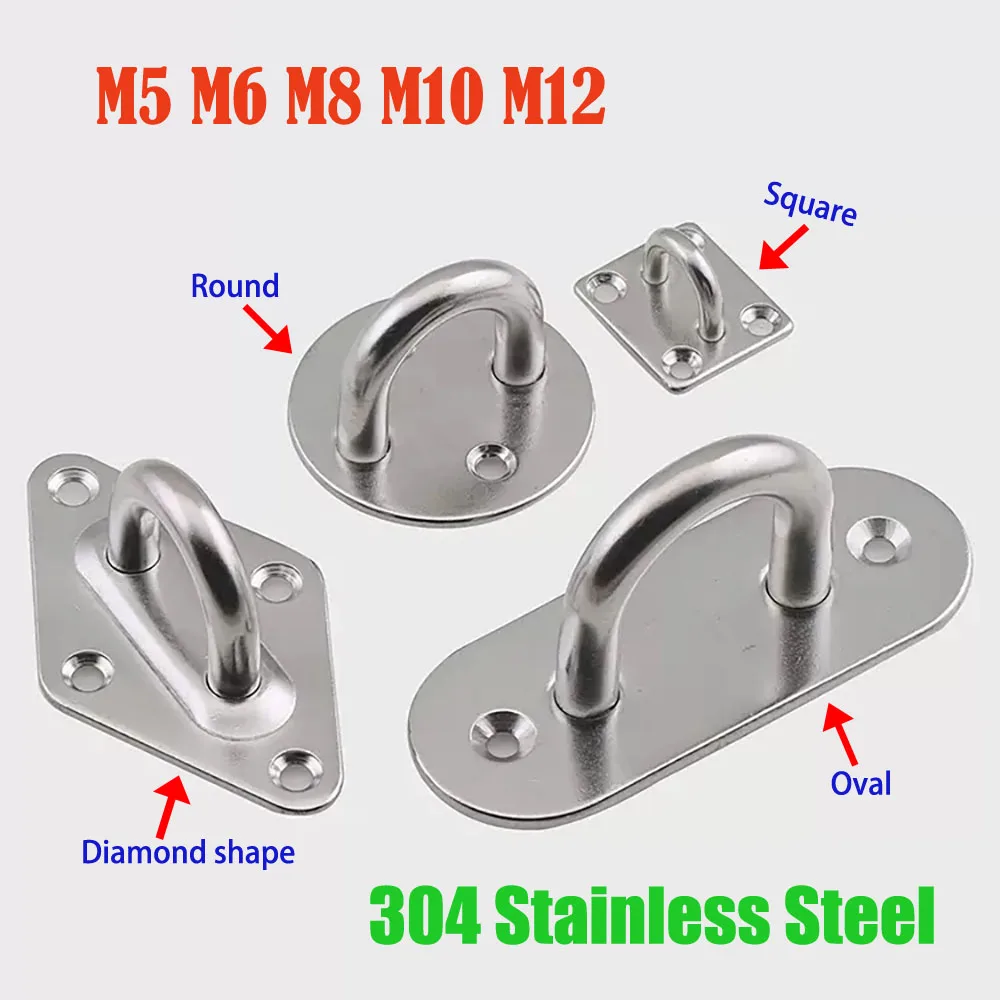304 Stainless Steel Eye Plate Fixing Hook Oblong Pad Eye Plate U-type Load-bearing Hook Screws Mount Hooks M5~M12 Many Shapes