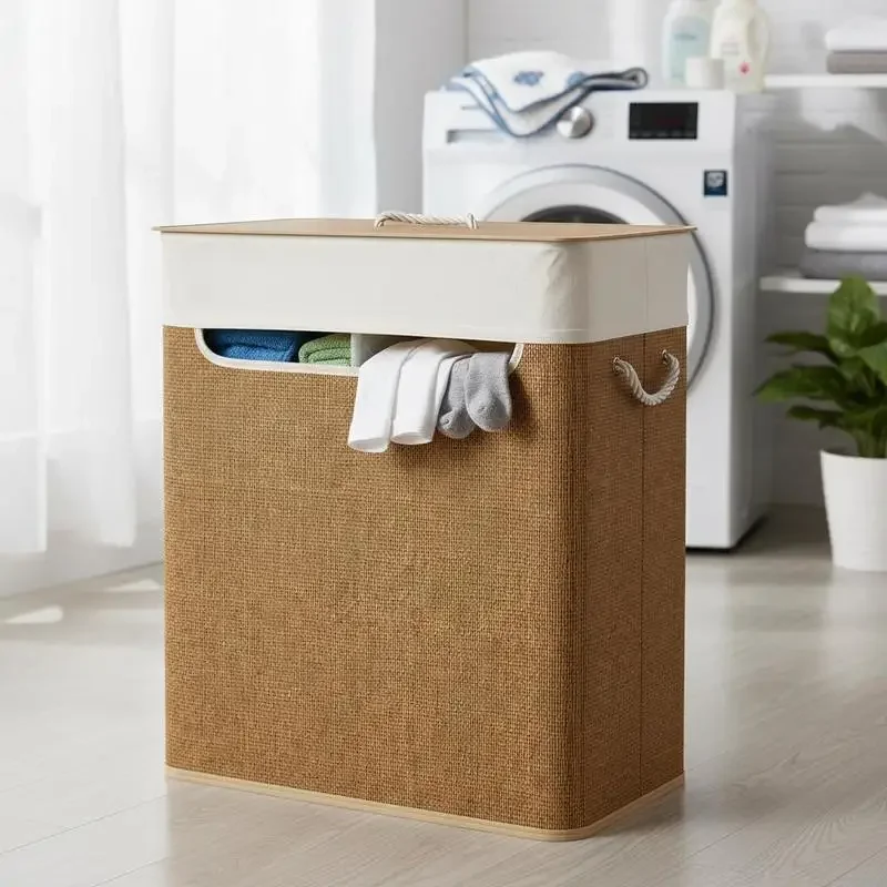 

Double Laundry Basket with Lid, 100L Bamboo Laundry Hamper with Rope Handles, Washing Basket with Removable Liner for Bathroom, Bedroom, Brown