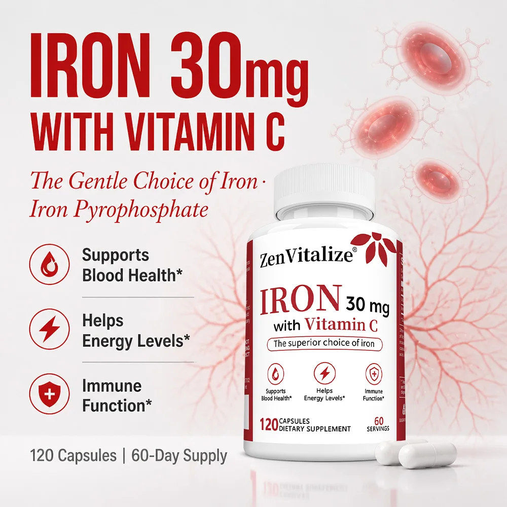 Iron - with Vitamin C - Fight Fatigue, Promotes Red Blood Cell Production, Boosts Energy Levels, Supports Brain Health, Non-GMO