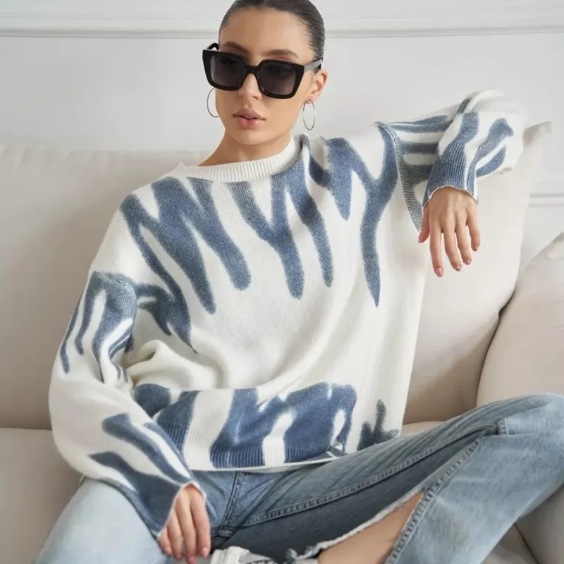 

2024 Autumn/Winter New Round Neck Sweater Women's Lazy Style Versatile Outerwear Pullover Printed Loose Knitted Sweater