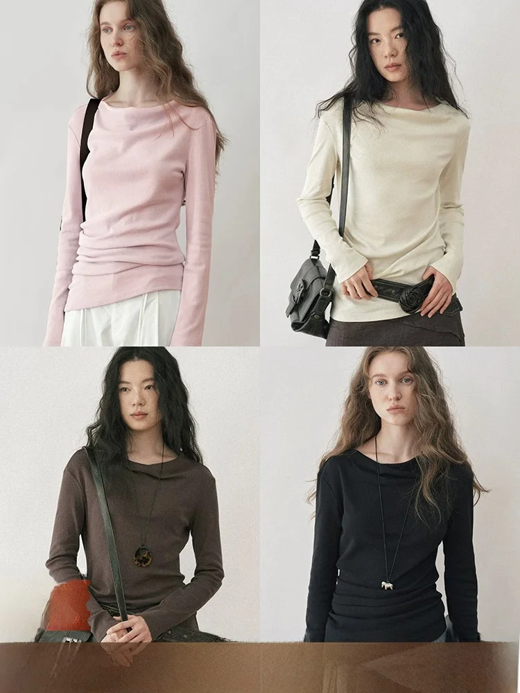 Relaxed Long Sleeve T-Shirt Women's Slim Fit Base Shirt Asymmetrical Hemline Casual Style Cotton Polyester Linen Blend Top