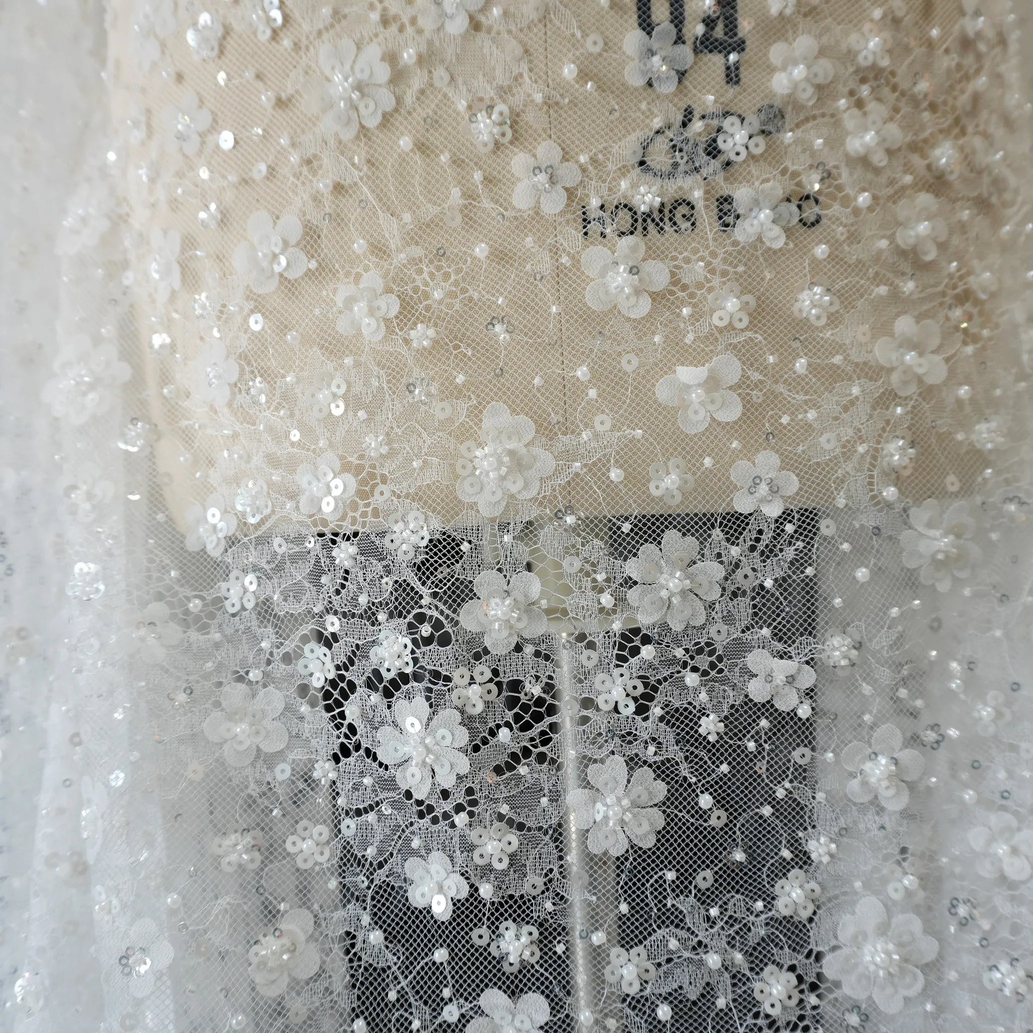 French Wedding Dress Sequin Material 3D Floral Bubble Beaded Embroidered Soft Lace Fabric