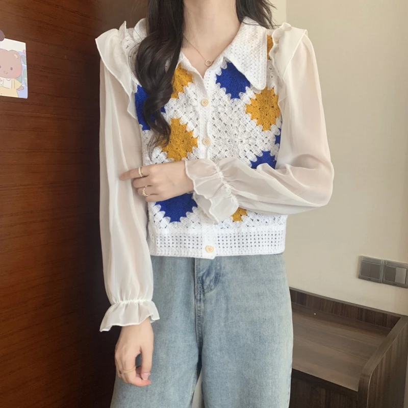 Boring Honey Square Single Breasted T-Shirts Spliced Chiffon Bubble Sleeves Short Tops Women Turndown Collar Women Clothing