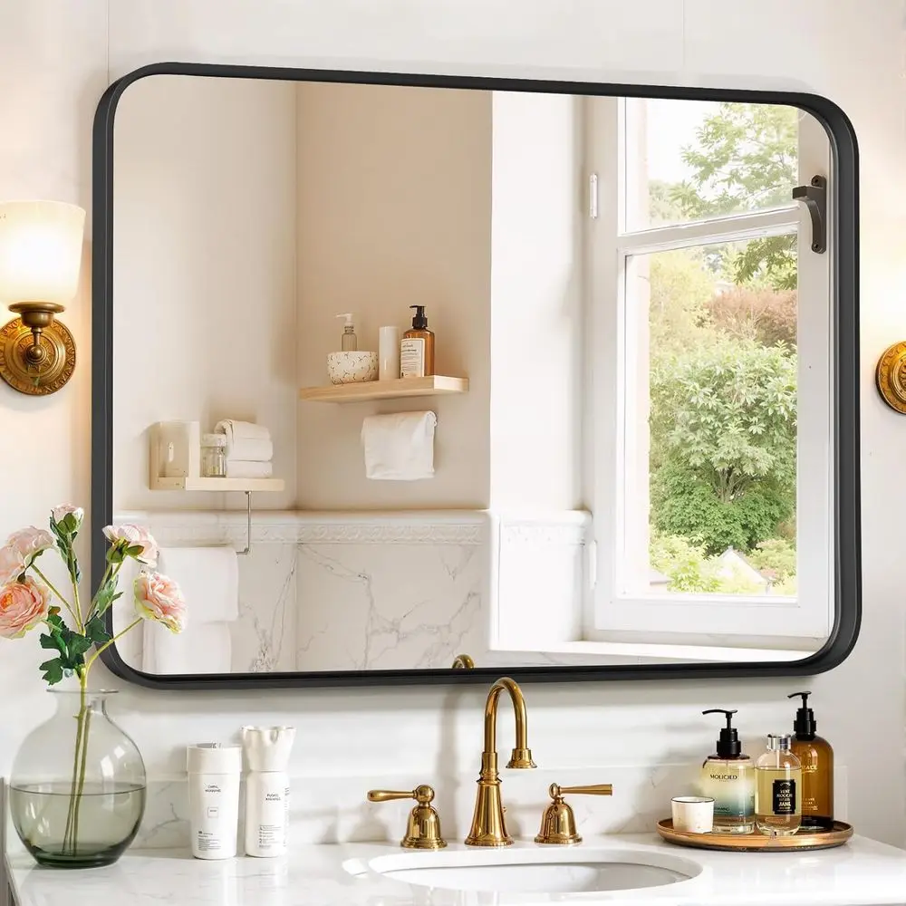 

40x30 Inch Black Metal Framed Vanity Mirror with Rounded Edges, Wall-Mounted for Home, Bathroom, or Entryway Use