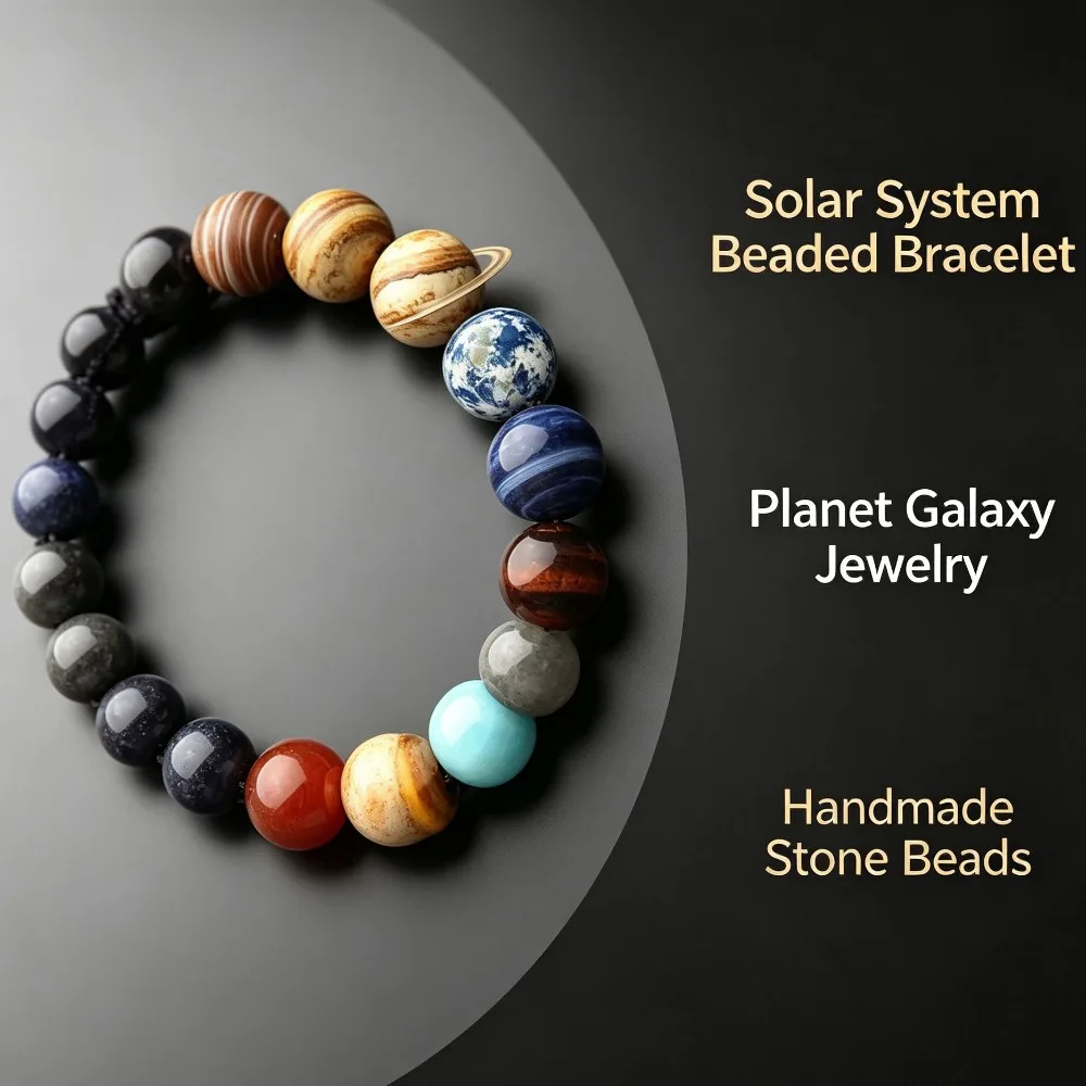 Men Women Solar System Eight Planets Bracelet, Natural Stone Lava Rock 7 Chakra Yoga Energy Galaxy Jewelry