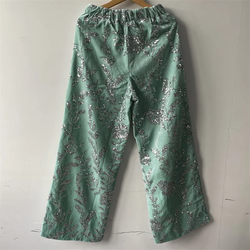 Spring New Vintage Women\'s Wide Leg Pants Y2k Fashion Sequin Embroidery Elegant Loose High Waist Velvet Party Club Trousers