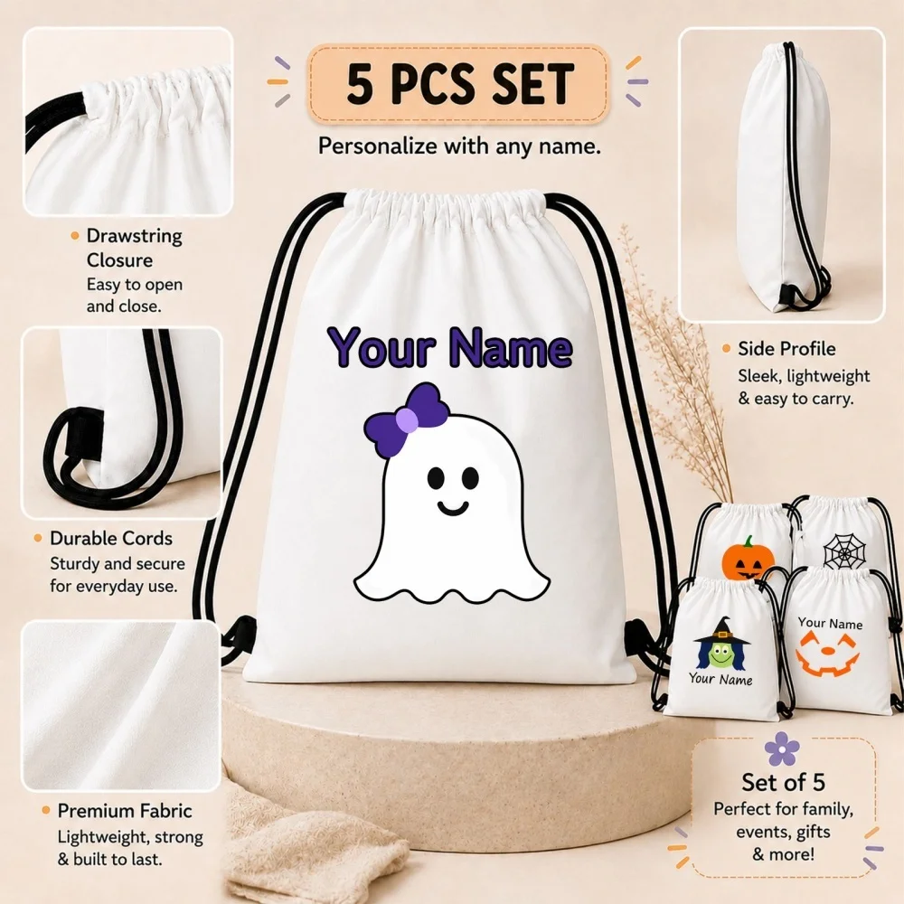 5 Pack Personalized Mixed Halloween Drawstring Backpack Set Custom Name Kids Trick Or Treat Candy Bags Storage Gift Sacks