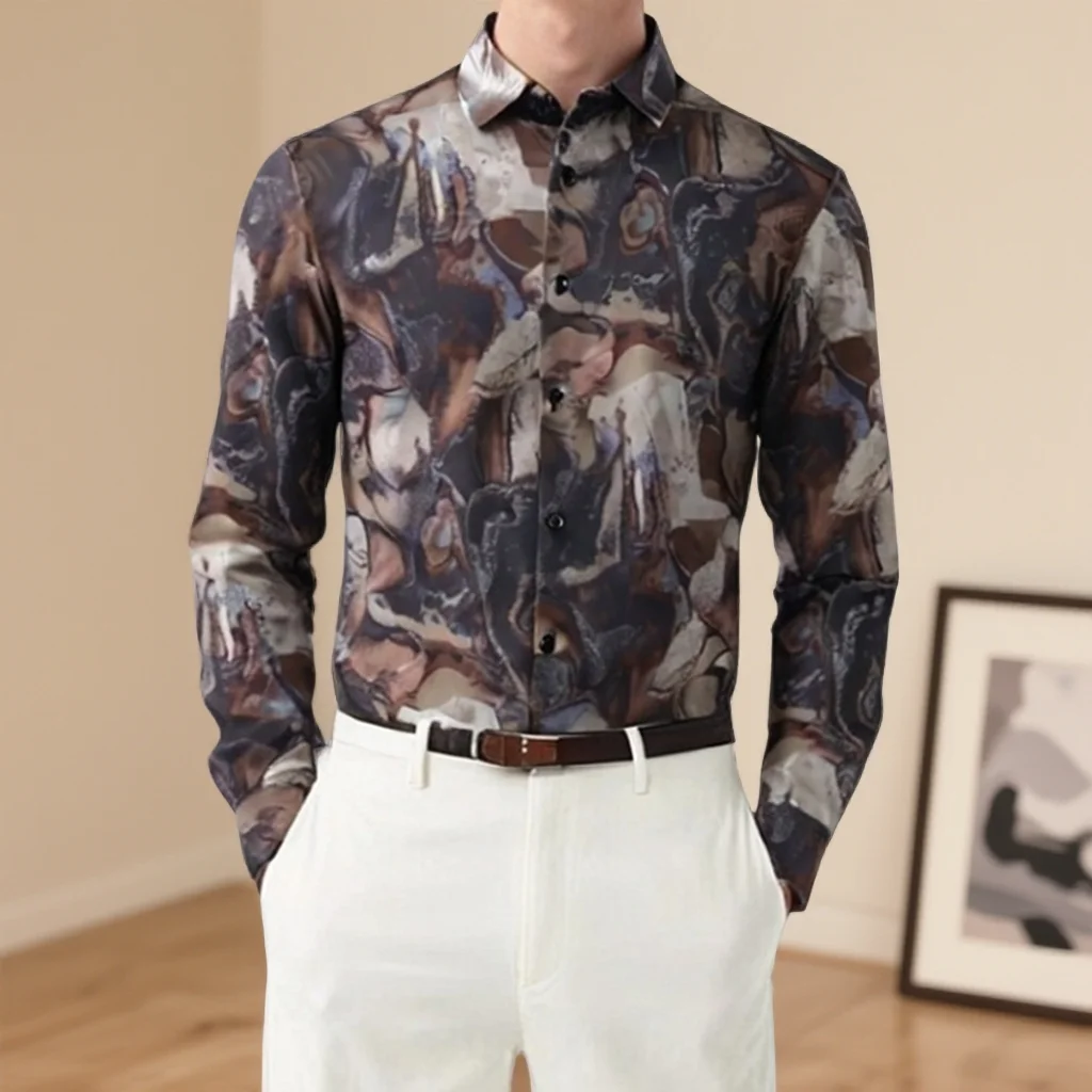 Vintage Pattern Long Sleeved Men's Shirt Streetwear Fashion Button Slim Fit Men Print Shirts Business Formal Party Mens Clothing