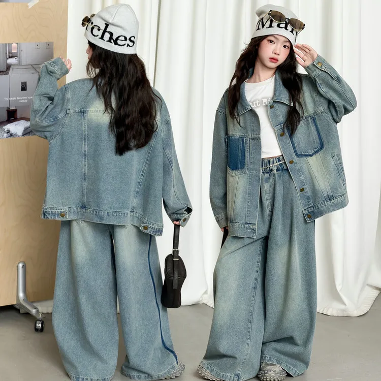 

Весенний шикарный комплект джинсовой одежды для девочек-подростков: дизайнерская рубашка-куртка + широкие брюки, 2 предмета, дизайнерский костюм для детей 4-14 лет.