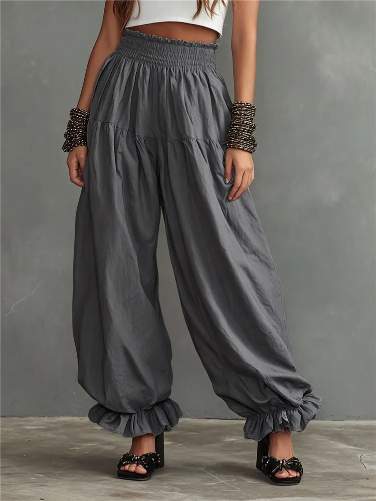 Bohemian Ruffle Bloomers Pants Women Solid Pleated Wide Leg Tiered Loose Pants Spring Fall Holiday Casual Pants High Waist Pants