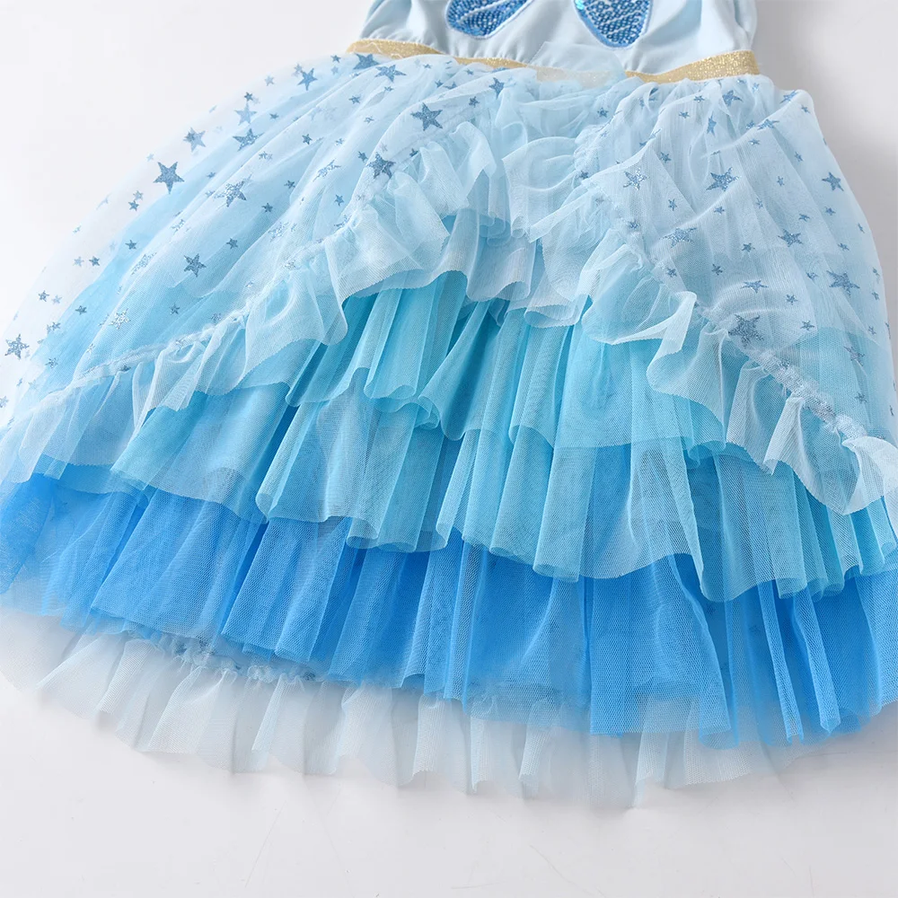 VIKITA Hellblaues Langarmkleid für Mädchen mit funkelnder Paillettenschleife, Kinder-Glitzer-Stern-Tüll-Mesh-Schicht-Prinzessinnen-Tutu-Kleider – Detail 5