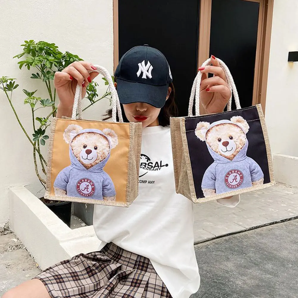 Cute Bear Print Pendant Handbag for Xmas Casual Linen Canvas Top-handle Gift Bag Fashion Shopping Bag Women Ladies Girl Handbag