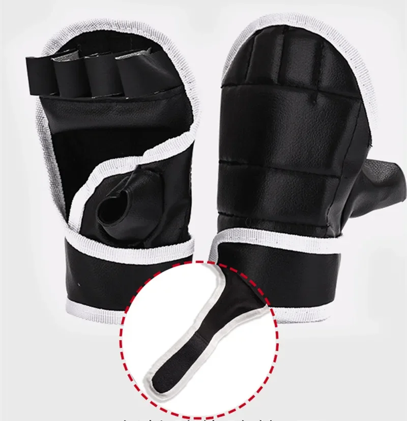 1 par de guantes de boxeo negros de medio dedo de cuero PU guantes de lucha Kick Boxing Karate Muay Thai guantes de entrenamiento para niños y hombres