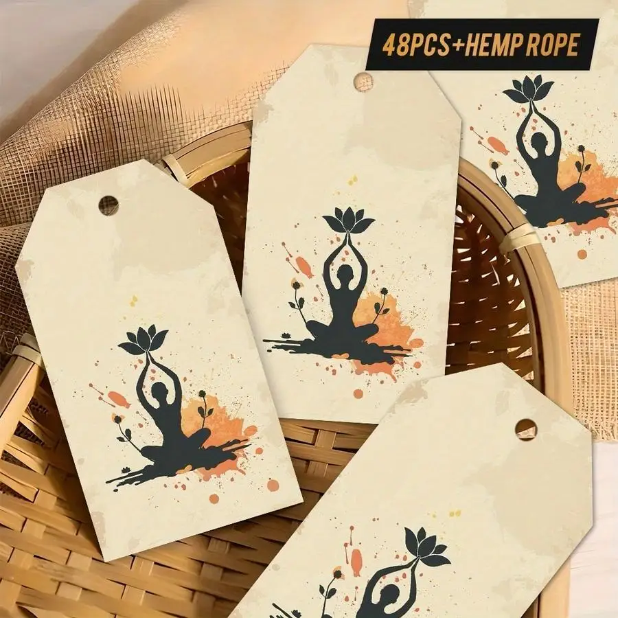 1/5/10/20/50/100pcs Yoga-Themed Gift Tags With Hemp Rope | Artistic Design Featuring Yoga Practitioner And Lotus Silhouettes, Id