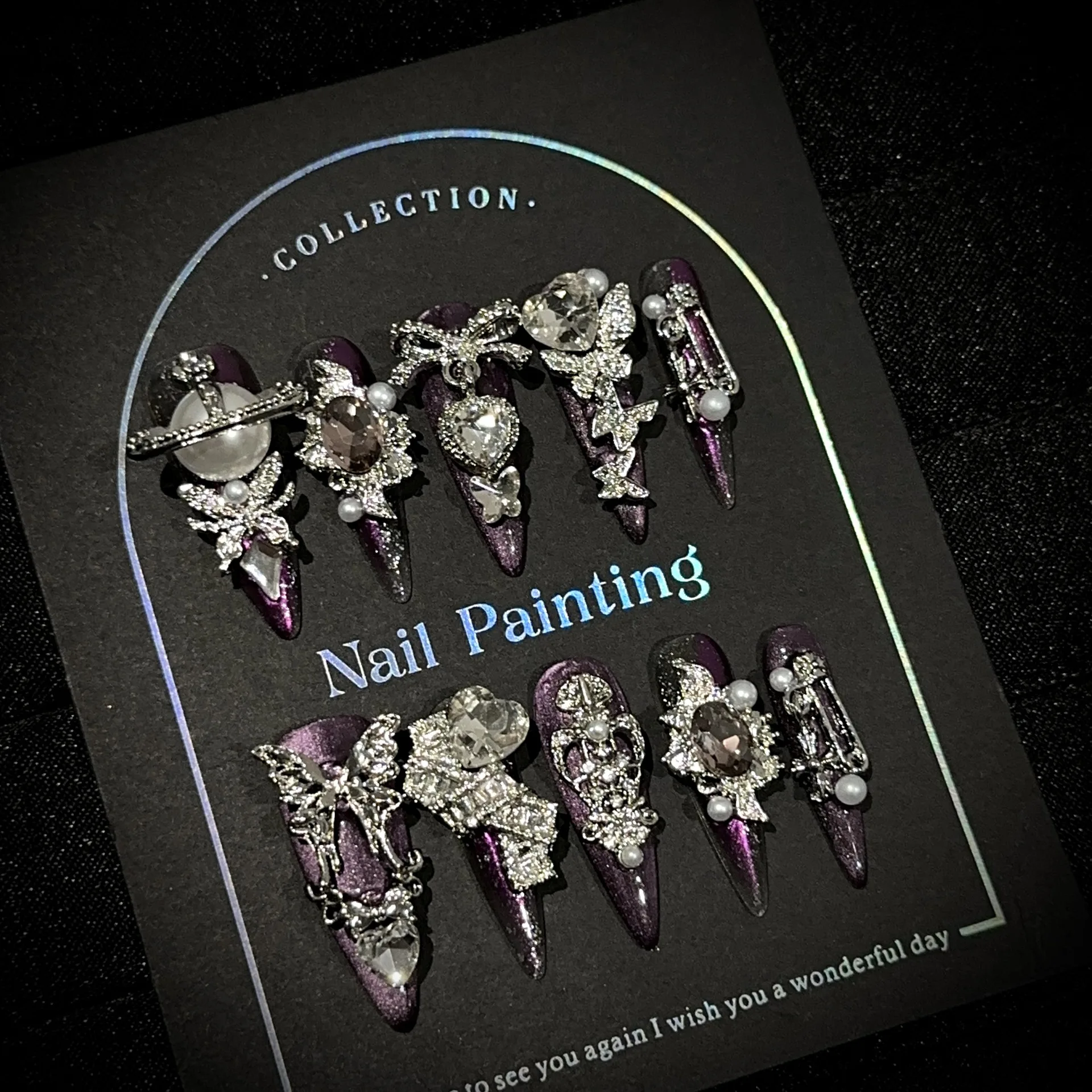 High-End Handmade Nail Polish with Dark Style Cat-Eye Long-Pointed Nail Art Pieces, European Gothic Fake Nails