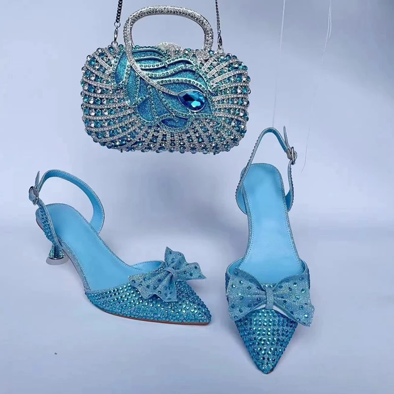 

INSIGHTLINK/Новая женская обувь синего цвета со стразами и сумка в тон, сандалии с острым носком, вечернее платье со стразами, туфли на высоком каблуке