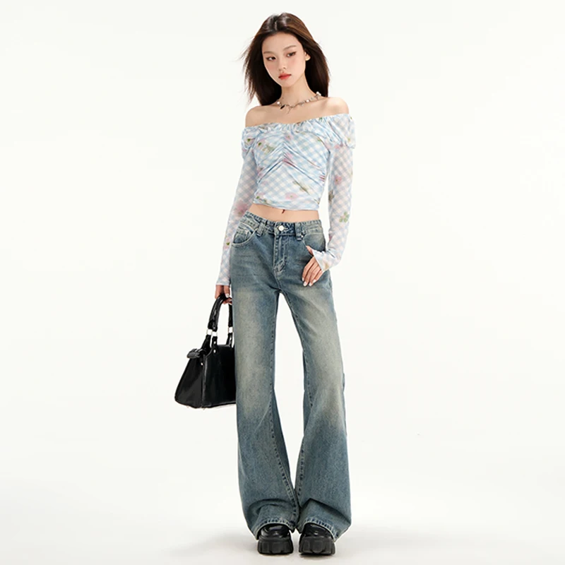 

Американские ретро-джинсы для женщин, свободного кроя, с эффектом потертости и выцветания, расклешенные.