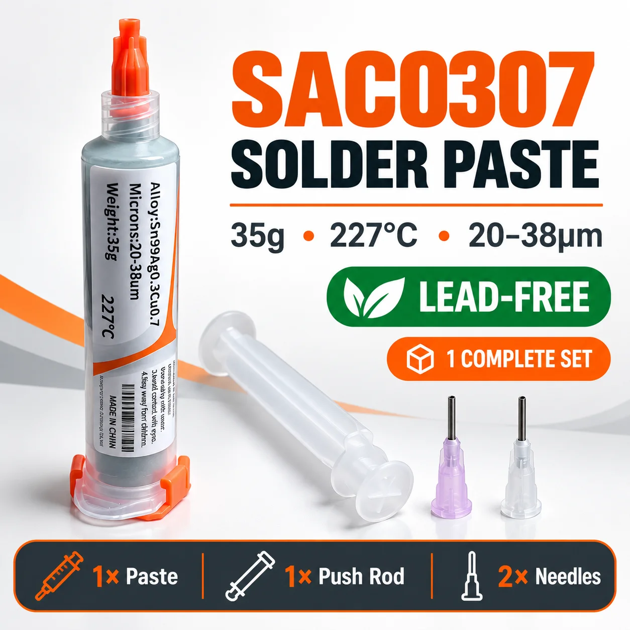 pasta-de-solda-sem-chumbo-sac0307-35g-227-°-c-sn99ag03cu07-seringa-com-2-agulhas-e-haste-de-pressao-para-retrabalho-de-smd-em-pcb