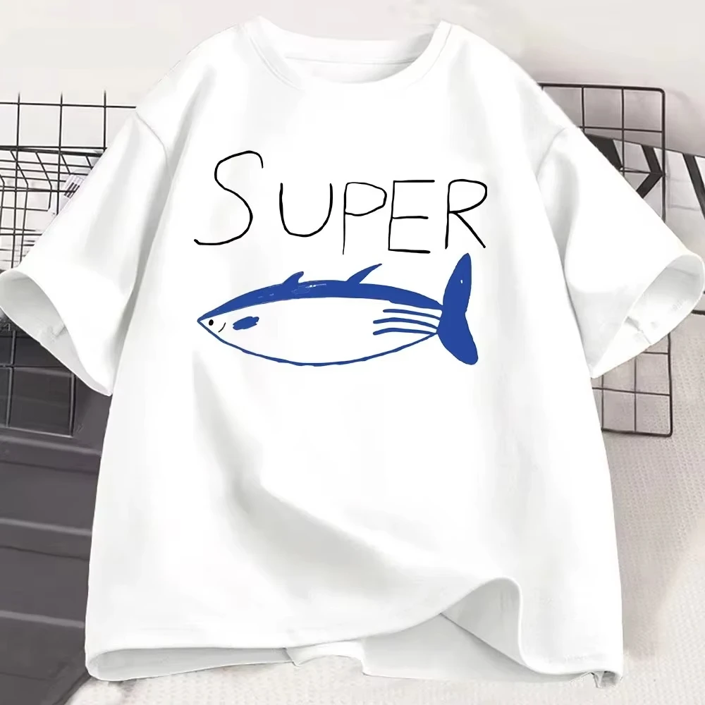 Unisex T‑shirt Cute Hand Drawn Tuna Fish Super Letter Graphic Tee Crew Neck Short Sleeve Minimal Cartoon Print Casual Daily Top