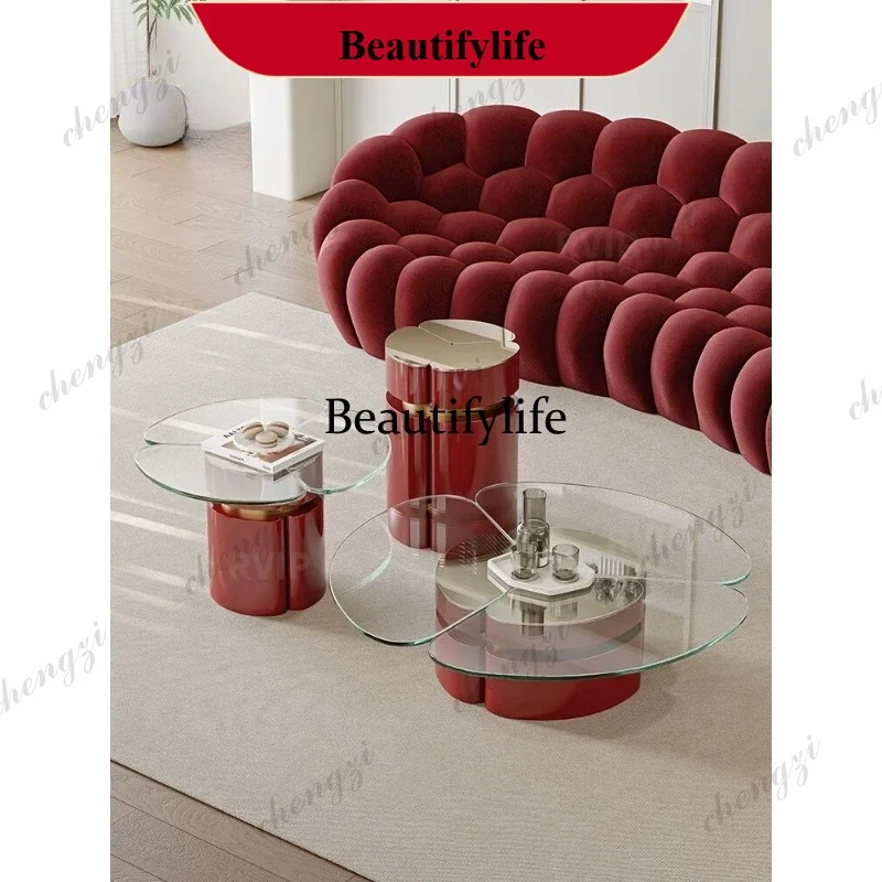 Simple modern tempered glass coffee table special-shaped combination art clover red coffee table d178