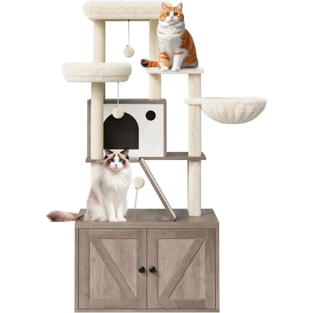 

Litter Box Enclosure with Cat Tree Tower and Condo, Hidden Cat Washroom Furniture with Sisal Scratching Post & Soft Plush Perch