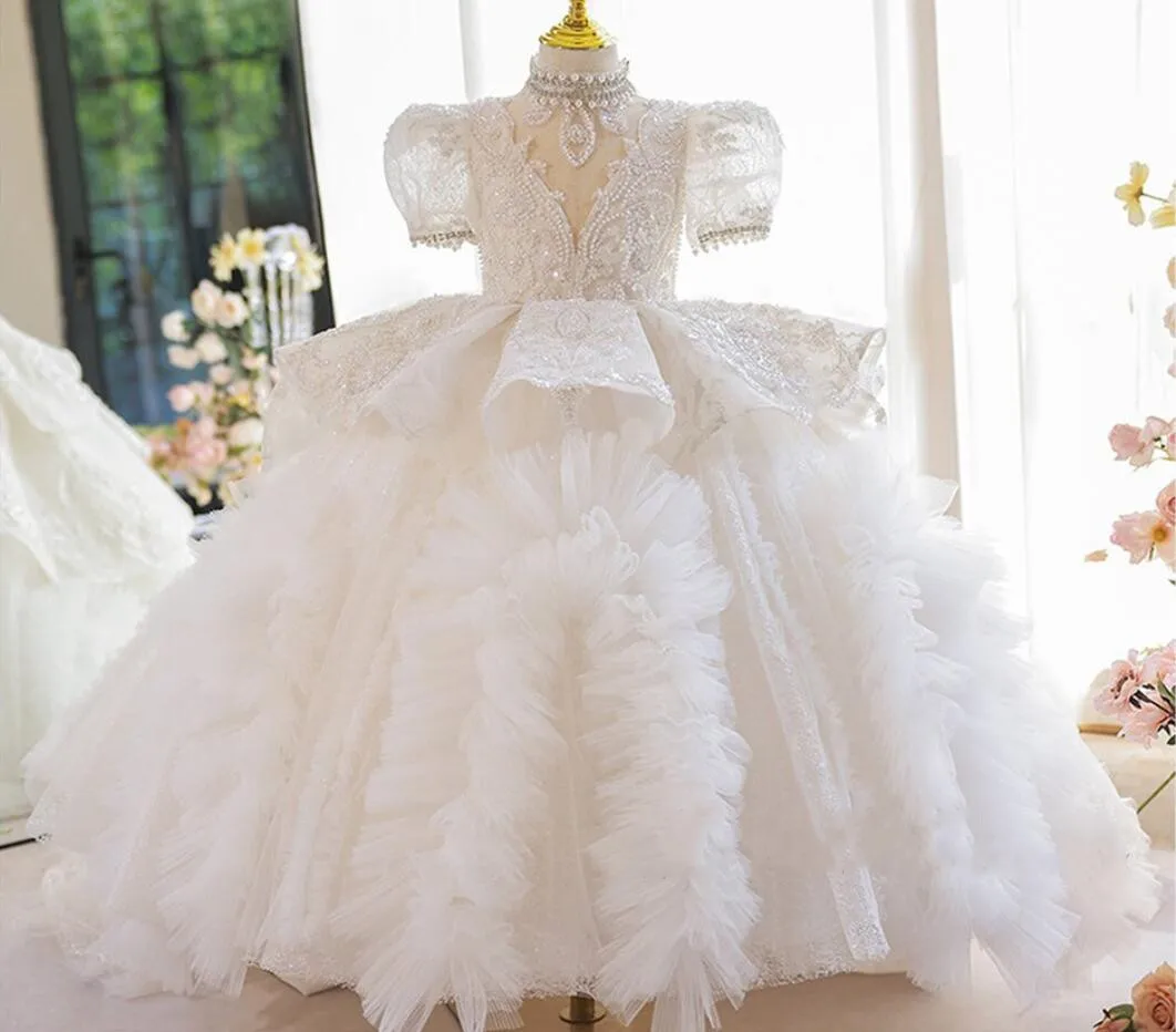 

Ball Gown Luxury Flowers Girl Dress for Wedding Princess White First Communion Dress Long Train Kid Pageant Gown Size 1-16T