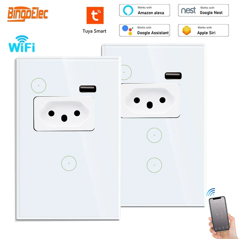 Bingoelec Tuya Brazil WiFi Wall Switch With USB Socket Touch Glass Panel 1/2gang Outlet Smart Life App Remote Timing