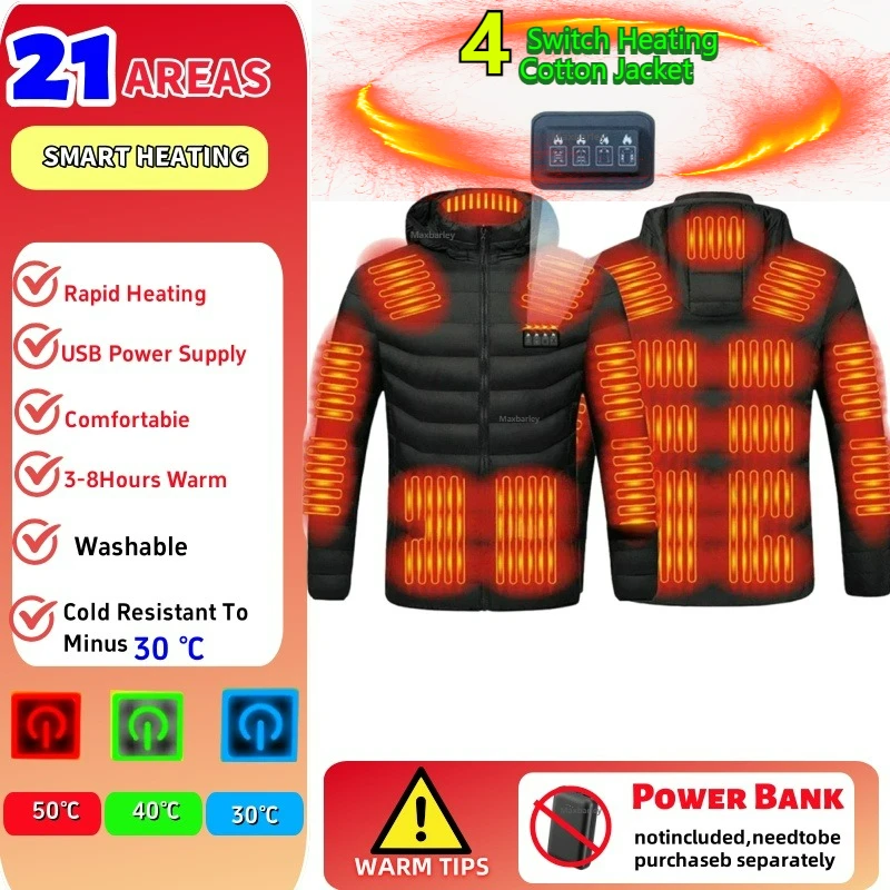 ​USB Heated Jacket Men Women Winter Electric Heating Coat 21 Zones 4 Temp Settings Soft Padding Windproof Parka Camping Hiking​