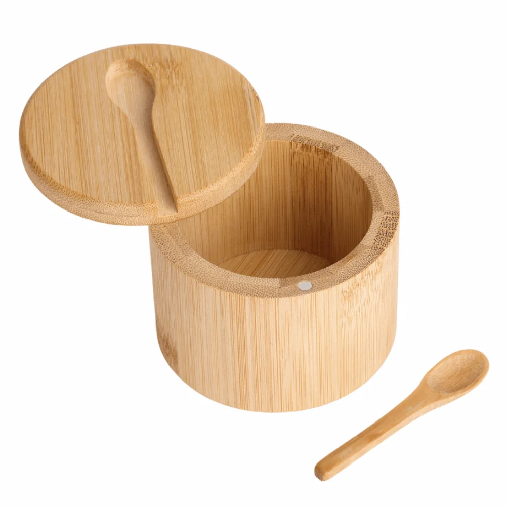 

Bamboo Sealed Seasoning Jar Round Moisture-proof Condiment Storage Box Eco-Friendly Swivel Magnetic Closure Kitchen Salt Box