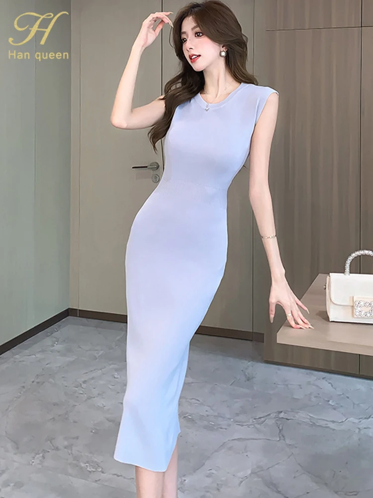 H Han Queen 2024 Summer Knitted Elegant Chic Dresses Women\'s Korean Retro Vestidos Fashion Sleeveless Office Party Casual Dress