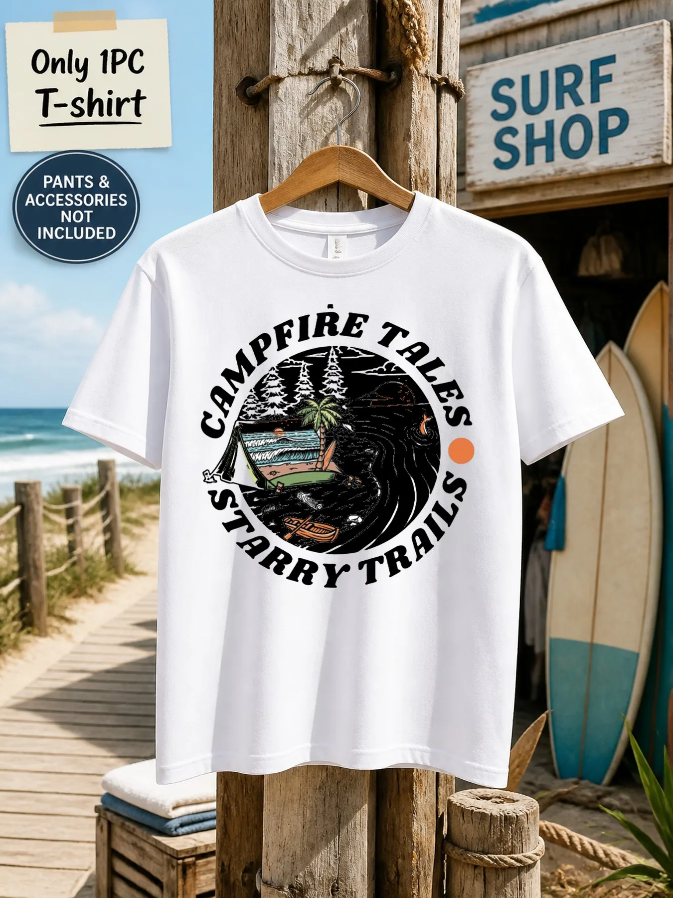1pc Mens Graphic T Shirt Campfire Tales Starry Trails Beach Camping Short Sleeve Crew Neck[solely 1pc T-SHIRT]