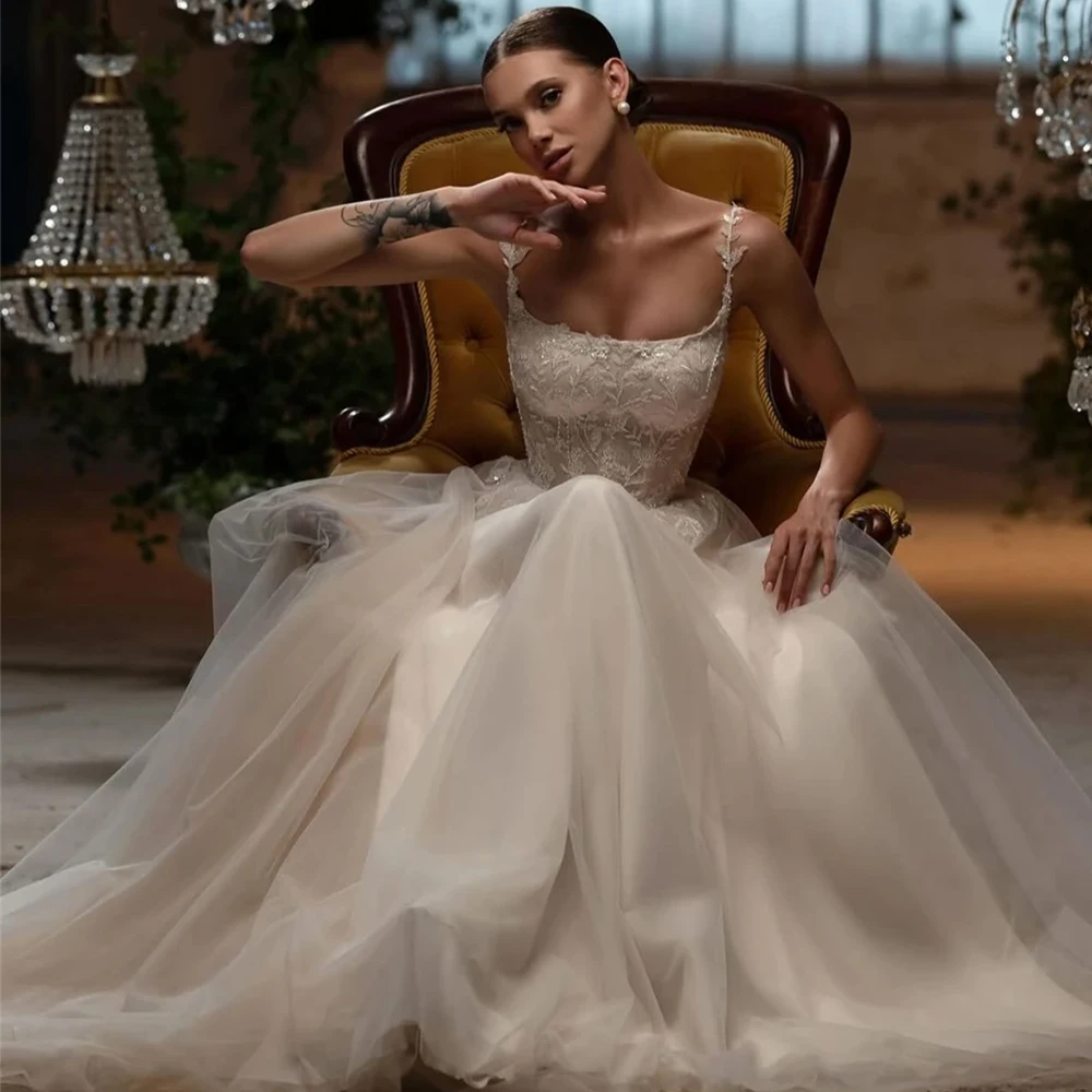 Graceful A-Line Tulle Wedding Dress Exquisite Appliques Pearls Vestido De Novia Customized Spaghetti Straps Robe de mariée