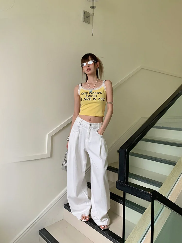 

iny White Straight Leg Jeans Women's Summer Slimming Loose Pants Low Waist Wide Leg Pure Color for Pear aped Body