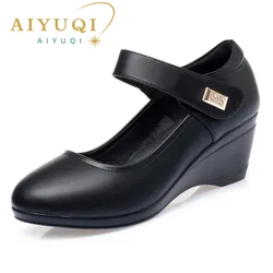 Mom Shoes High-heel Wedge 2024 New Women Autumn Shoes Round Head Mid-aged Shallow Mouth Ladies Shoes