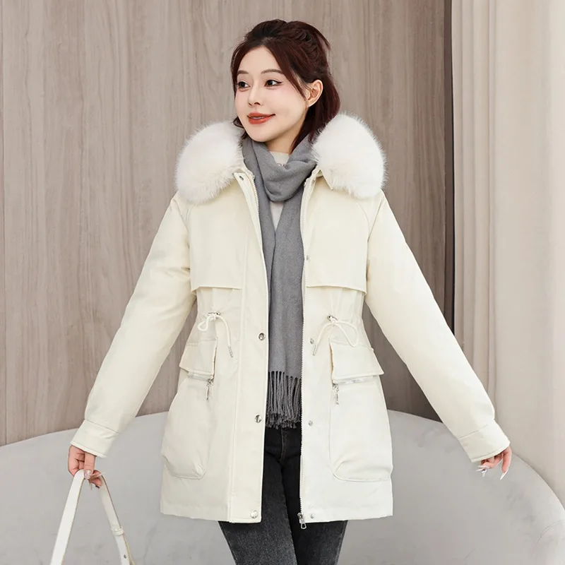Parkas pour femmes de haute qualité, vestes d'hiver à la mode, doublure, grand col en fourrure, vestes rembourrées en coton à capuche, vêtements d'extérieur mi-longs