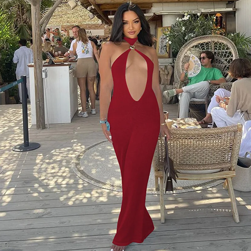 Sexy Halter Hollow Out Dress Women Lace-up Backless Party Long Curvy Dresses Summer Evening Prom Red Black White New 2025 Trend