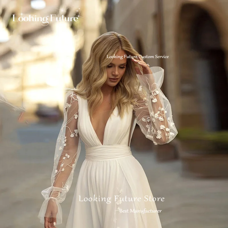 Modern A-Line Wedding Dress Sexy V Neck Illusion Appliques Backless Zipper Wedding Gown Long Sleeve High Side Slit Sweep Train