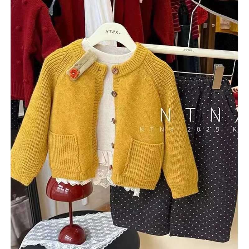 Autumn Kids Girls 3PCS Clothes Set Cotton Lace Hem Baby Girl Undershirt Yellow Sweater Cardigan Loose Dot Print Little Girl Pant