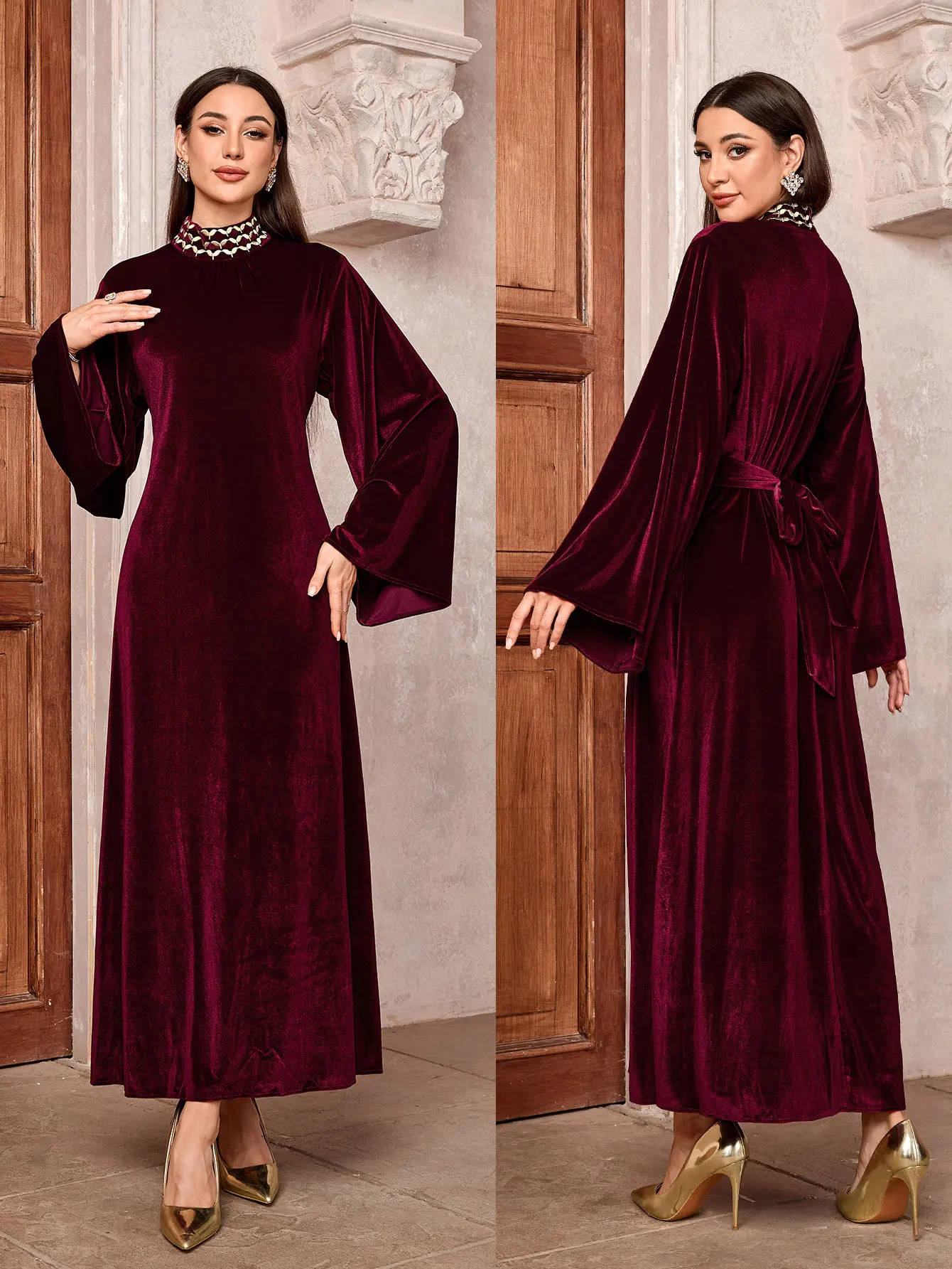 

Hand-Embroidered Dress Exquisitely Saudi Arabian Dress Belted Zipper Full-Length Dress Traditional Flare Sleeve Abaya
