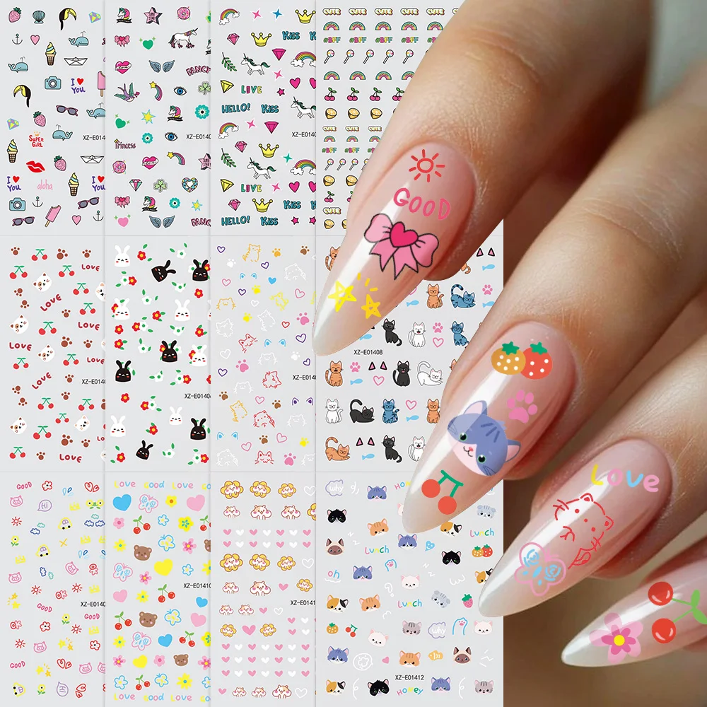 

12Pcs/set 3D Cartoon Animals Cherry Flower Nail Sticker Kawaii Graffiti Pattern Adhesive Nail Slider Korean Style Nail Art Decal