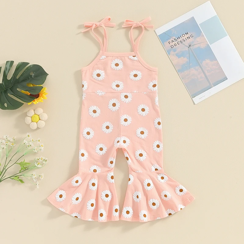 Toddler Girl Floral Print Romper Sleeveless Jumpsuit with Ruffle Straps and Wide Leg Pants Summer Overalls for Baby Girls