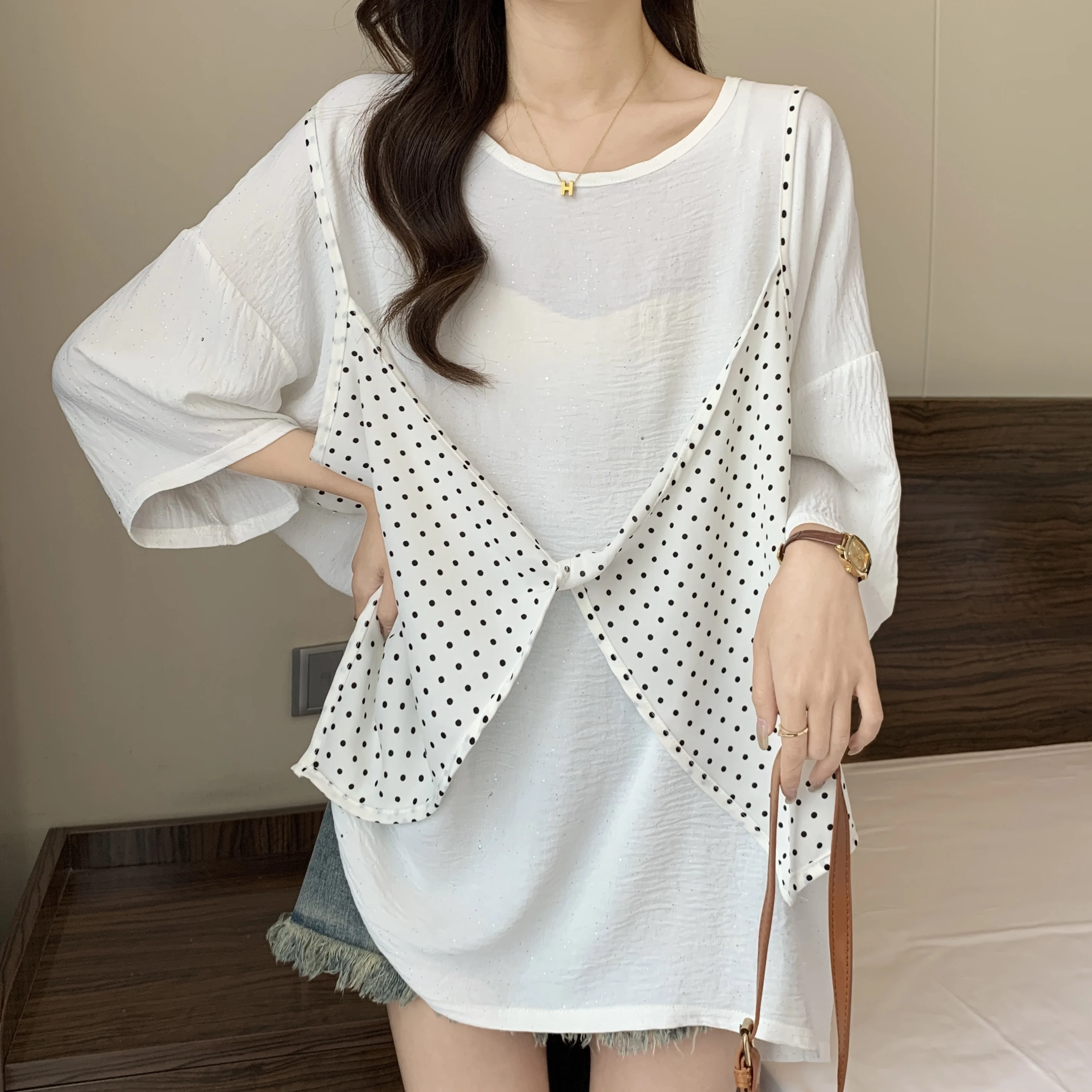 Fake Two-piece Stitching Polka Dot Big Loose Long Oversized T Shirt Women Kawaii Aesthetic Plus Size Tops Cheap Wholesale