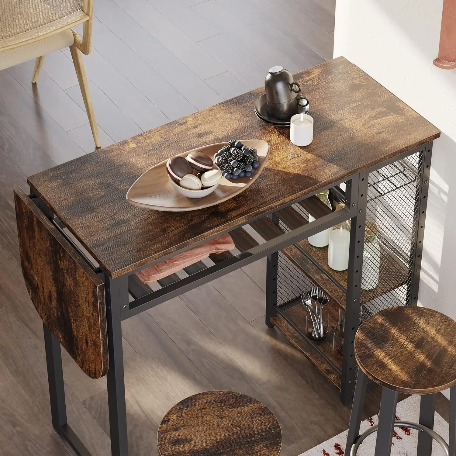 Bar Table and Chair Set, Expandable Dining Table with 2 Bar Stools, Industrial Kitchen Counter with Wine Rack