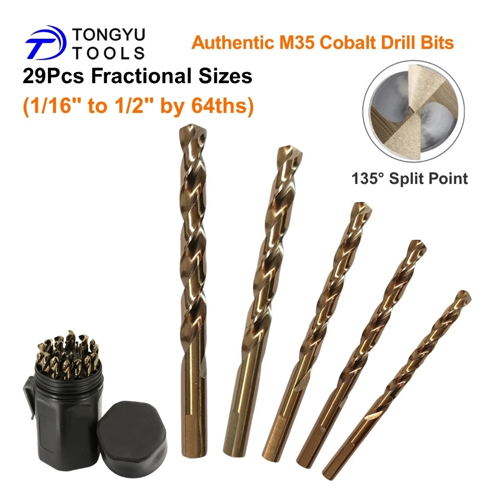 M35 Cobalt Drill Bit Set Inch HSS Co5% Jobber Twist Drill Bits 135° Split Point for Stainless Steel Cast Iron