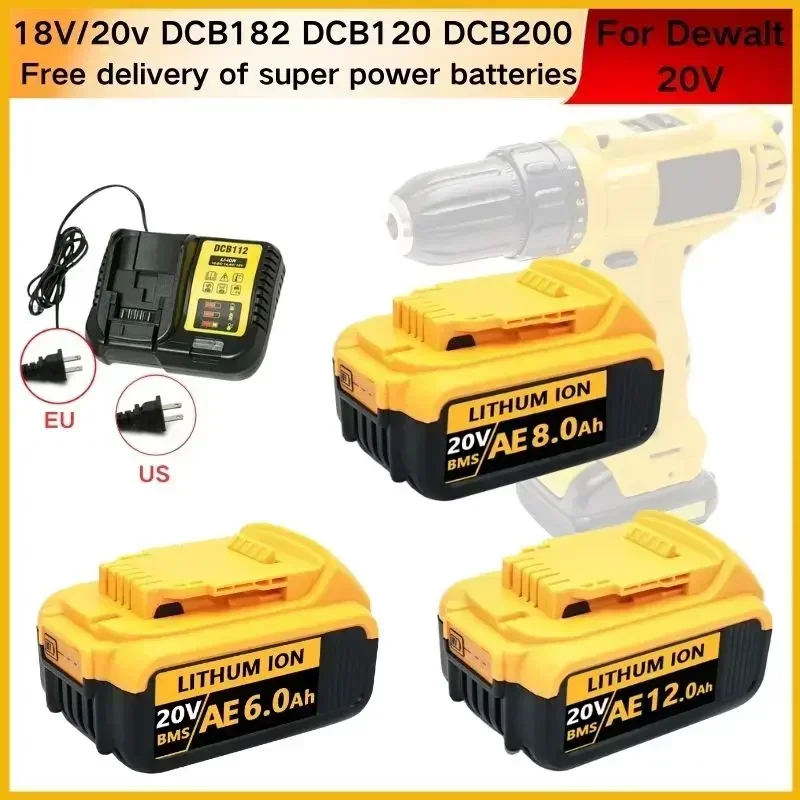 For Dewalt Tools DCB200 Battery DCB206 DCB207 DCB204 MAX Li-ion Rechargeable Power 20V 6.0Ah/8.0Ah/12.0Ah Replacement