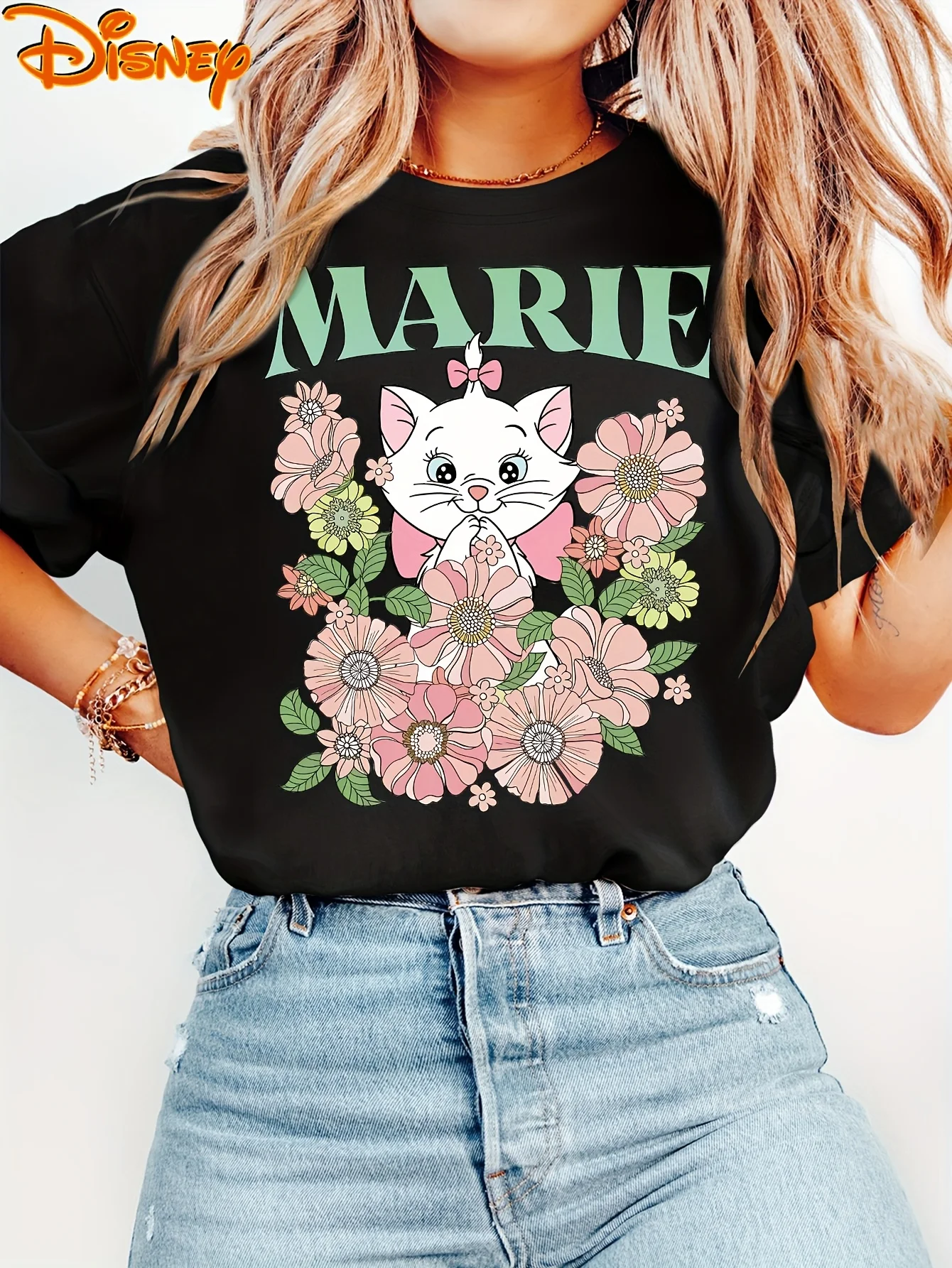 تي شيرت ديزني الرسمي الكلاسيكي 90s The Aristocats Marie للسيدات - تي شيرت ريترو بيج ناعم مع طباعة زهور Marie & Duchess