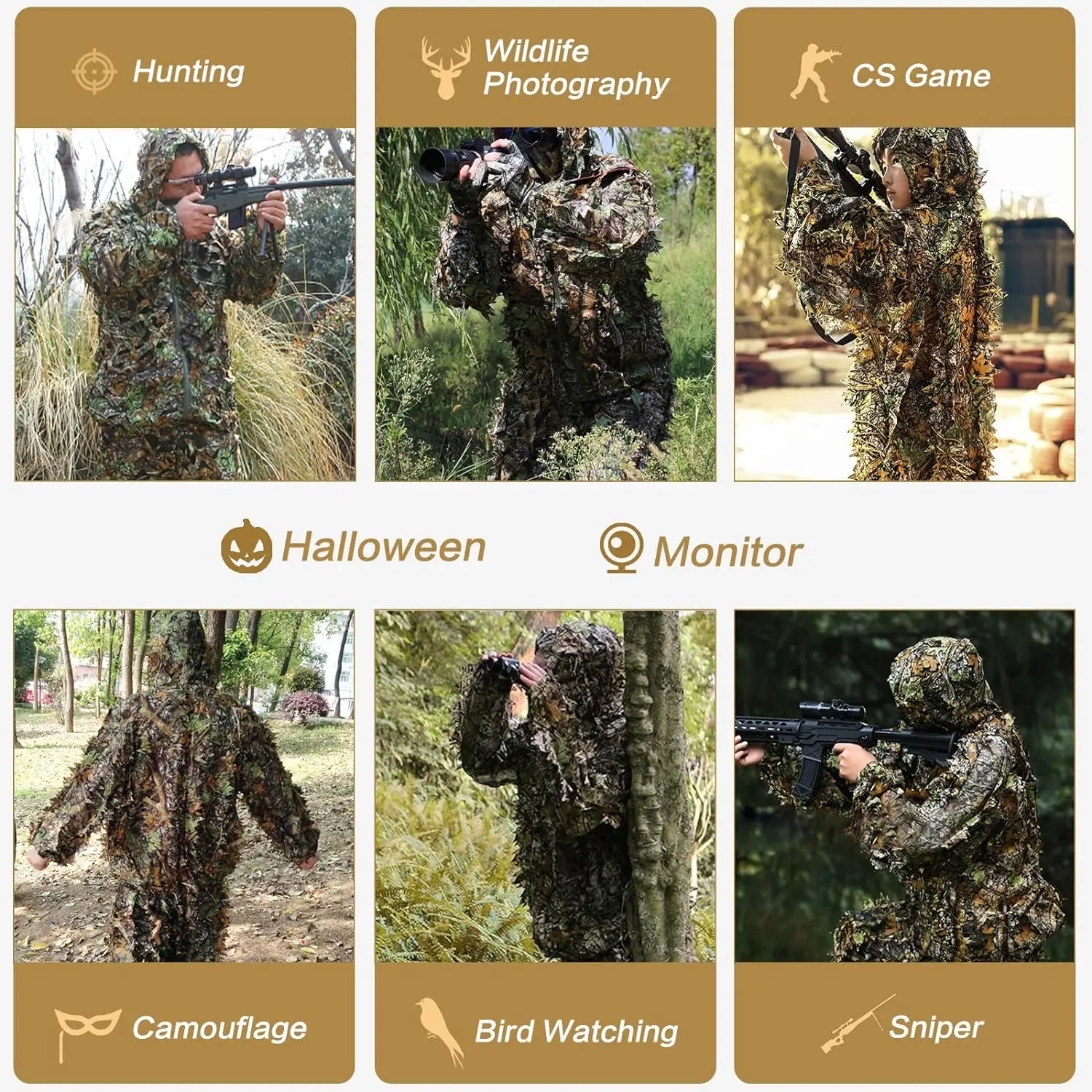 Ghillie Suit 3D Leafy Camo Hunting Suits, Woodland Gilly Suits Gillies Suits for Men, Leaf Camouflage Hunting Suits